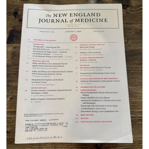 Other - New England Journal of Medicine 2006 Lot of 10 Issues Vol 354 355